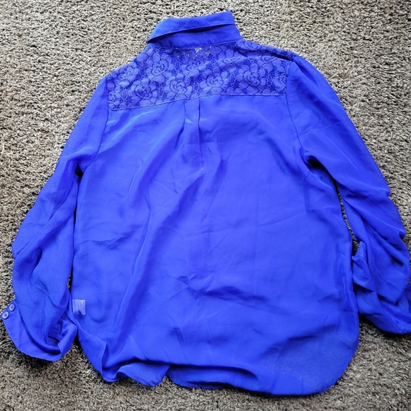 Royal Blue Sheet Top From PacSun Sheer Long Sleeve Collar Woman's Small - Picture 6 of 7